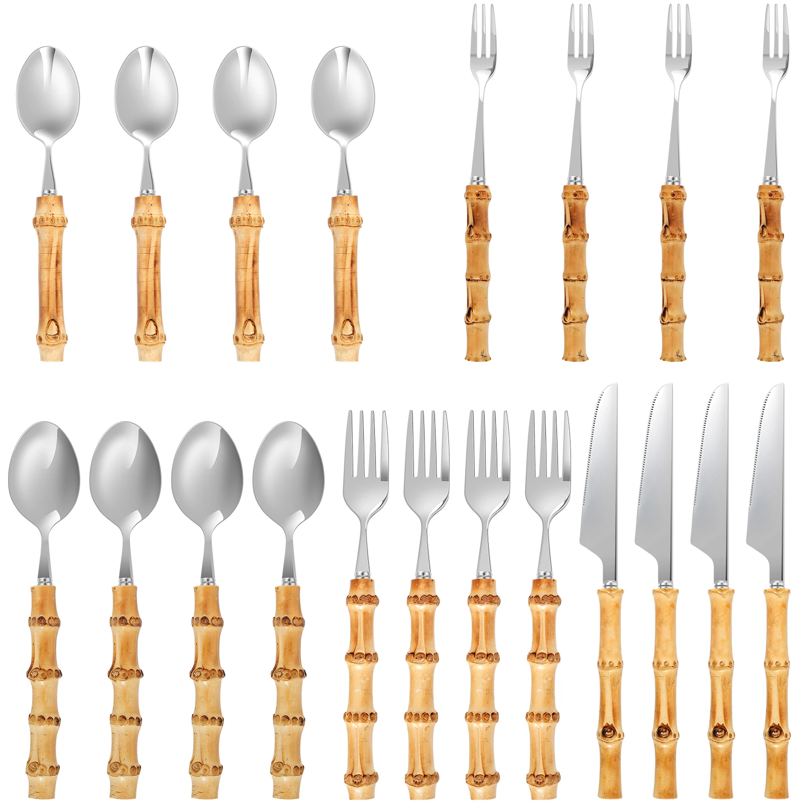 

20Pcs Bamboo Silverware Set Stainless Steel Spoon Fork and Cutter Set Bamboo Handle Utensil Flatware Set Creative Dessert Forks