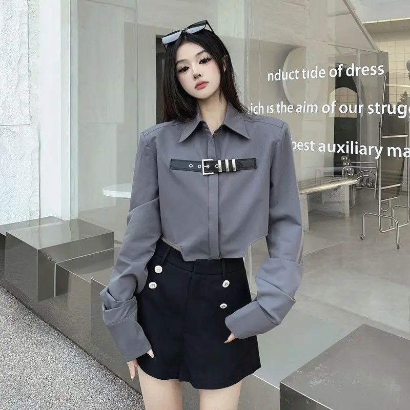 Turn Down Collar Y2k Aesthetic Women Blouse Chain Patchwork Fashion Harajuku Blusas Long Sleeve Solid Elegant Cropped Shirt