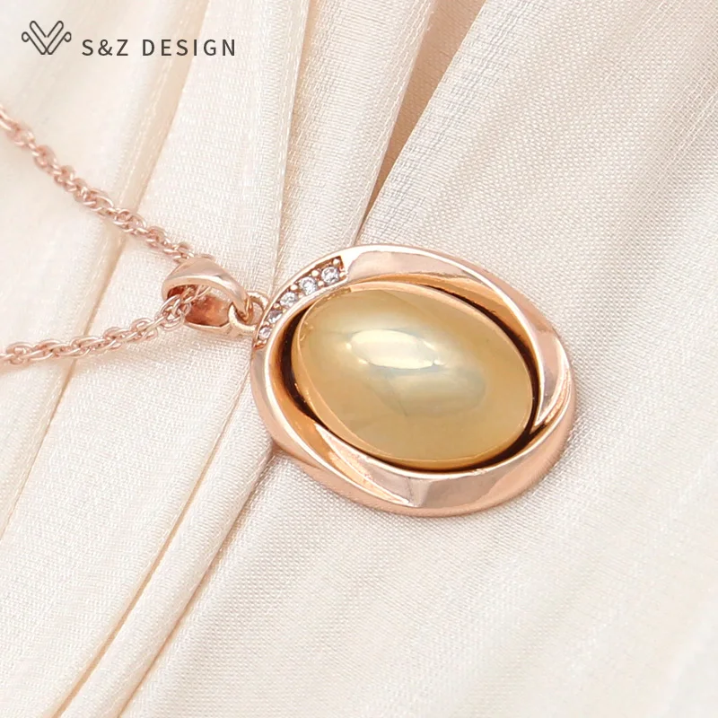 S&Z DESIGN New 585 Rose Gold Color Egg Shape Simulated-pearl Pendant Necklace For Women Wedding Fashion Cubic Zirconia Jewelry