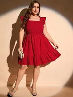 Plus Size Summer Women Elegant Dress Casual Vacation Vintage Solid Square Collar Ruffle Dresses - Image 4