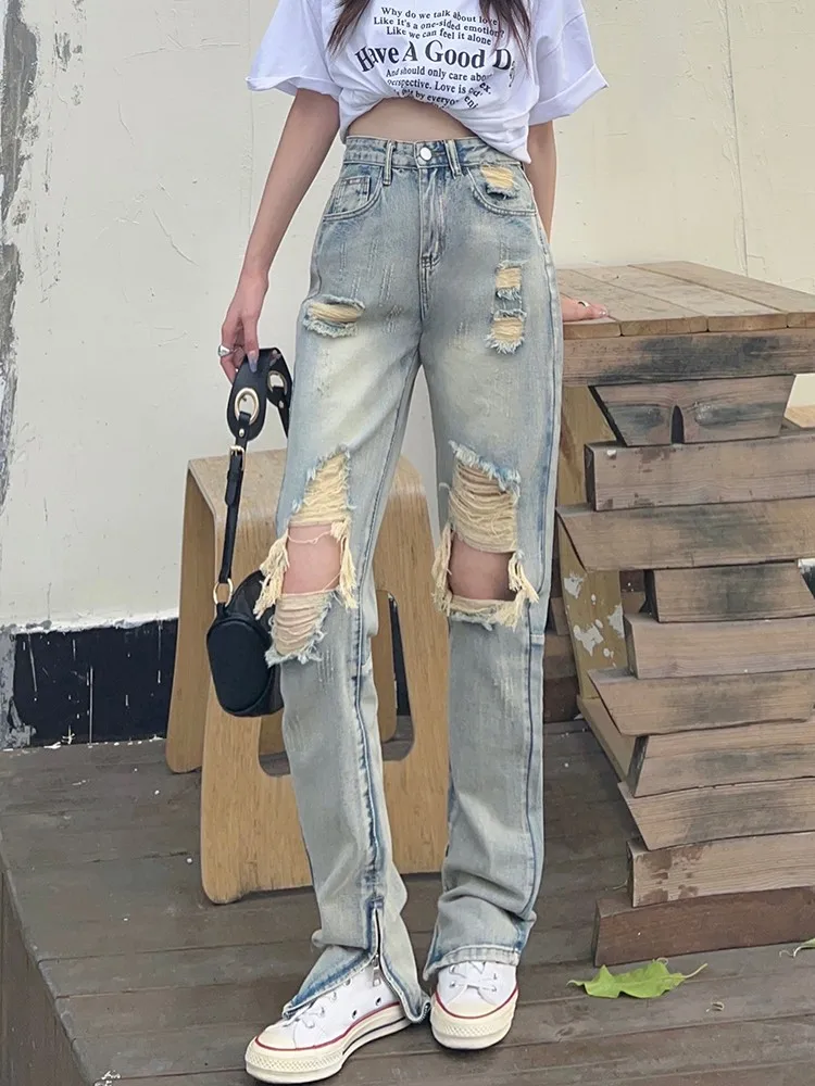

American Retro High Street Washed and Old Yellow Mud Jeans Women's Spring Summer Thin Loose Casual Straight Vintage Denim Pants