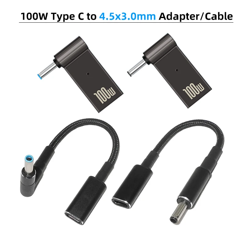 Convertidor de enchufe de 100W tipo C a 4,5x3,0mm, conector adaptador de corriente CC, Cable de carga rápida USB C para cargador de ordenador portátil HP DELL