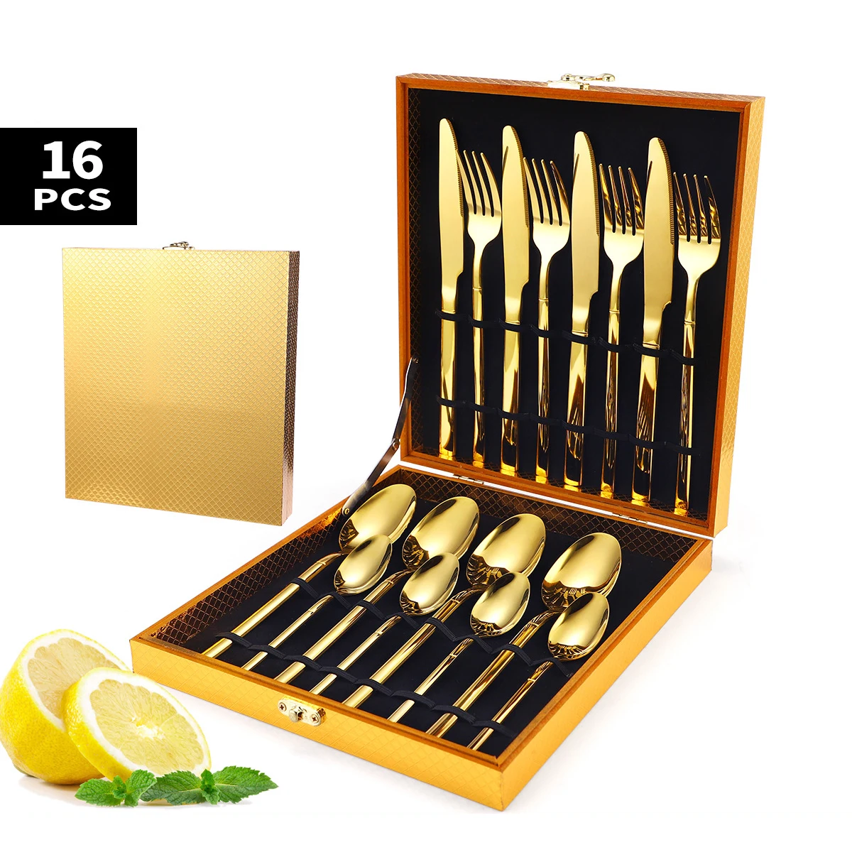 

16Pcs/Set Stainless Steel Dinnerware Cutlery Set Silverware Flatware Set With Gift Wooden Box Black Kitchen Tableware Gold Sets