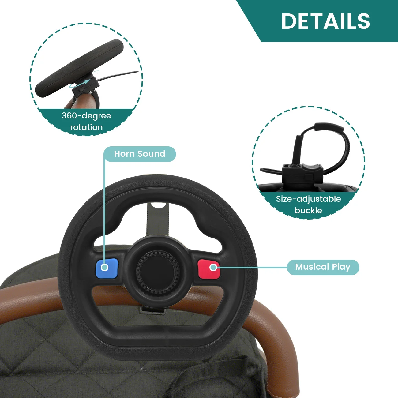 Baby Stroller Steering Wheel Toy, Musical Simulation Driving Toy with Horn Sound, Adjustable Mount 360° Rotatable Toddler Preten - 4