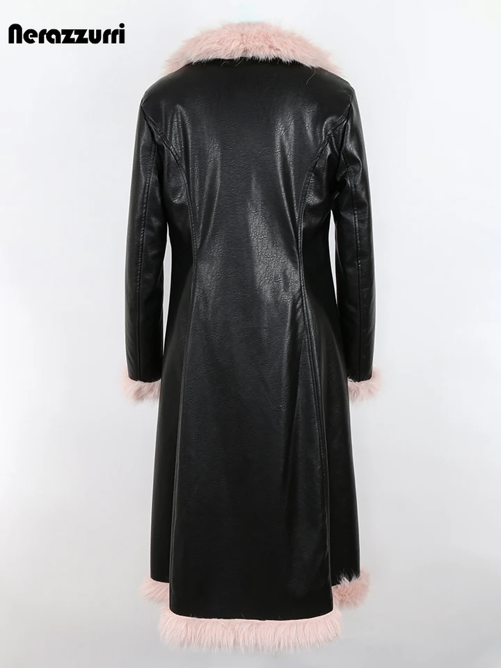 Nerazzurri Winter Long Black Fitted Thick Warm Pu Leather Coat