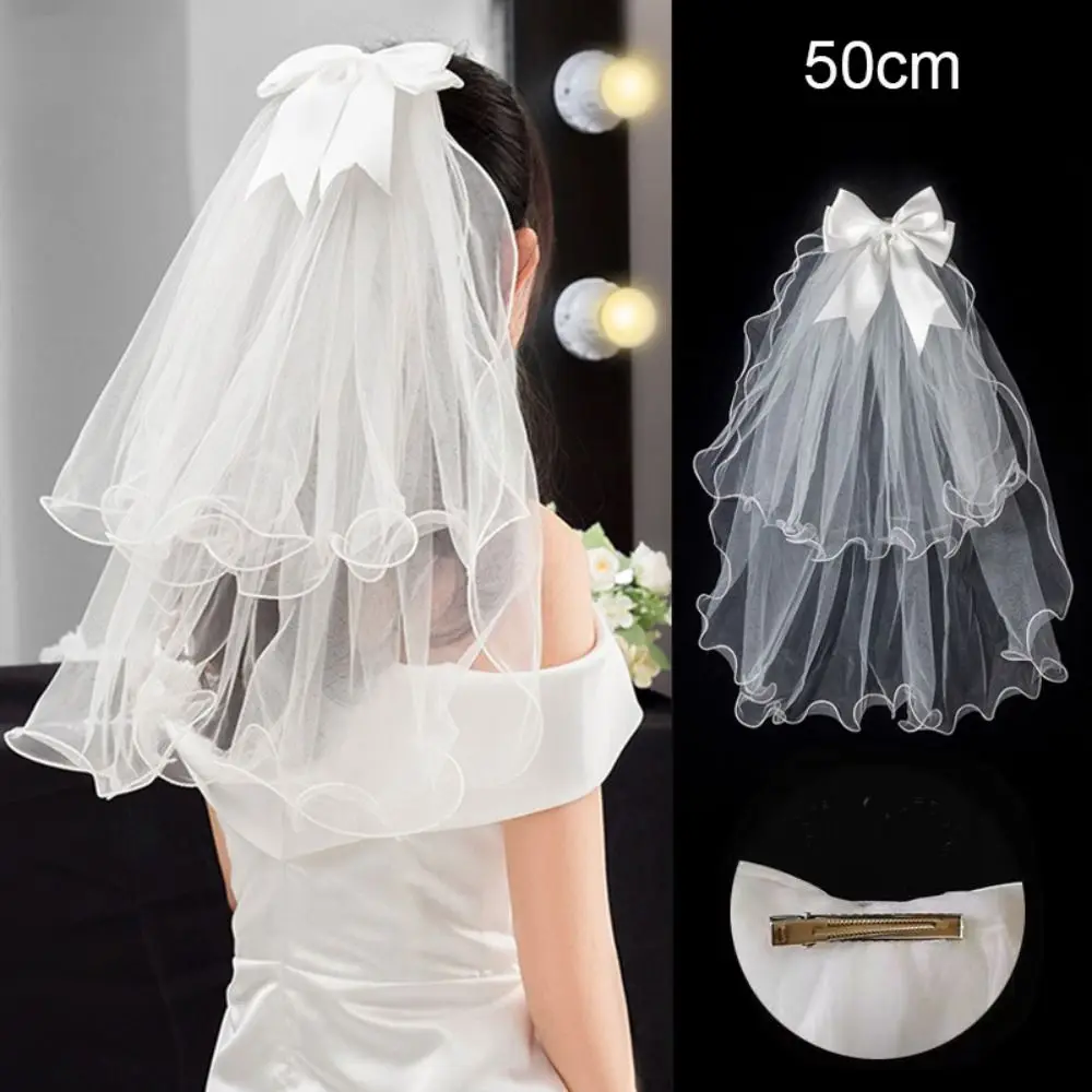 New Two Layer Bridal Veil White Lace Edge Women's Tulle Short Simple Photo Veil