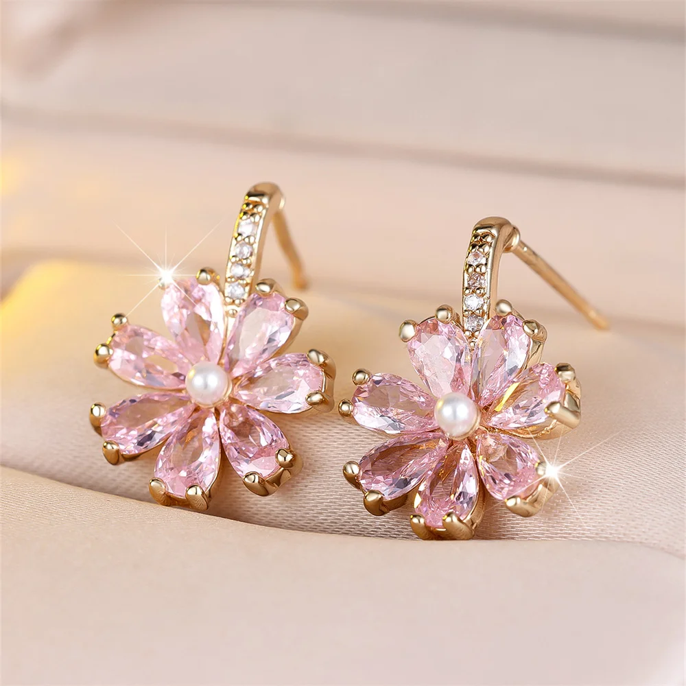 Green Zircon Daisy Flower Simulated Pearl Stud Earrings For Women Vintage Gold Color Wedding Earring Valentines Day Jewelry Gift