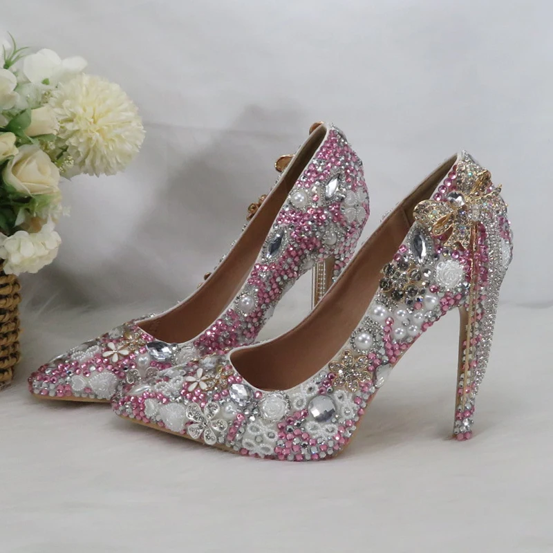 Shallow Women Bridal Wedding Shoes Fashion High Pumps Woman Thin Heel Tassel Crystal Party Dress Shoes Lady Pink Crystal Shoe