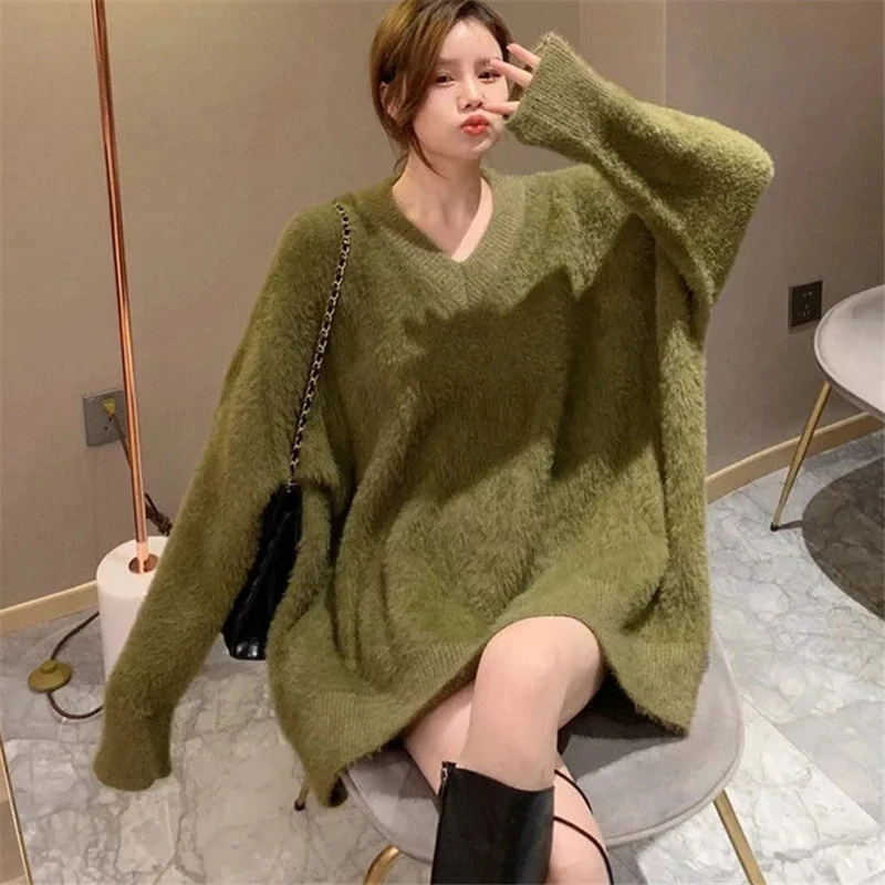 

Women Mohair Sweater Spring and Autumn New Solid Color V-neck Pullover Loose Comfortable Fashion Commuter Top Female Jacket