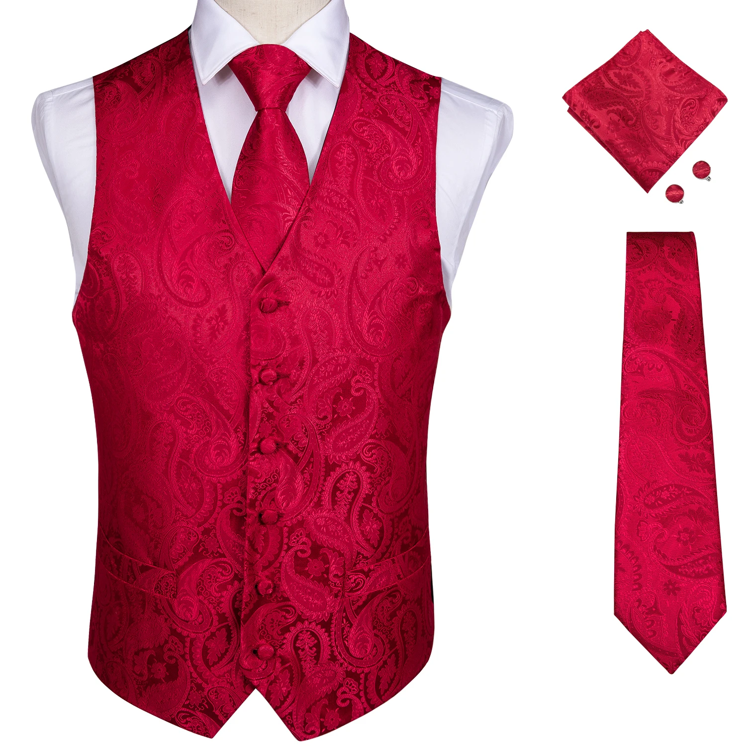 casual blazer Classic Men's Red Wedding Vests Silk Vintage Paisley Formal Dress V Neck Waistcoat Tie Ring Pocket Square Cufflinks 5pc Set blazer for men wedding