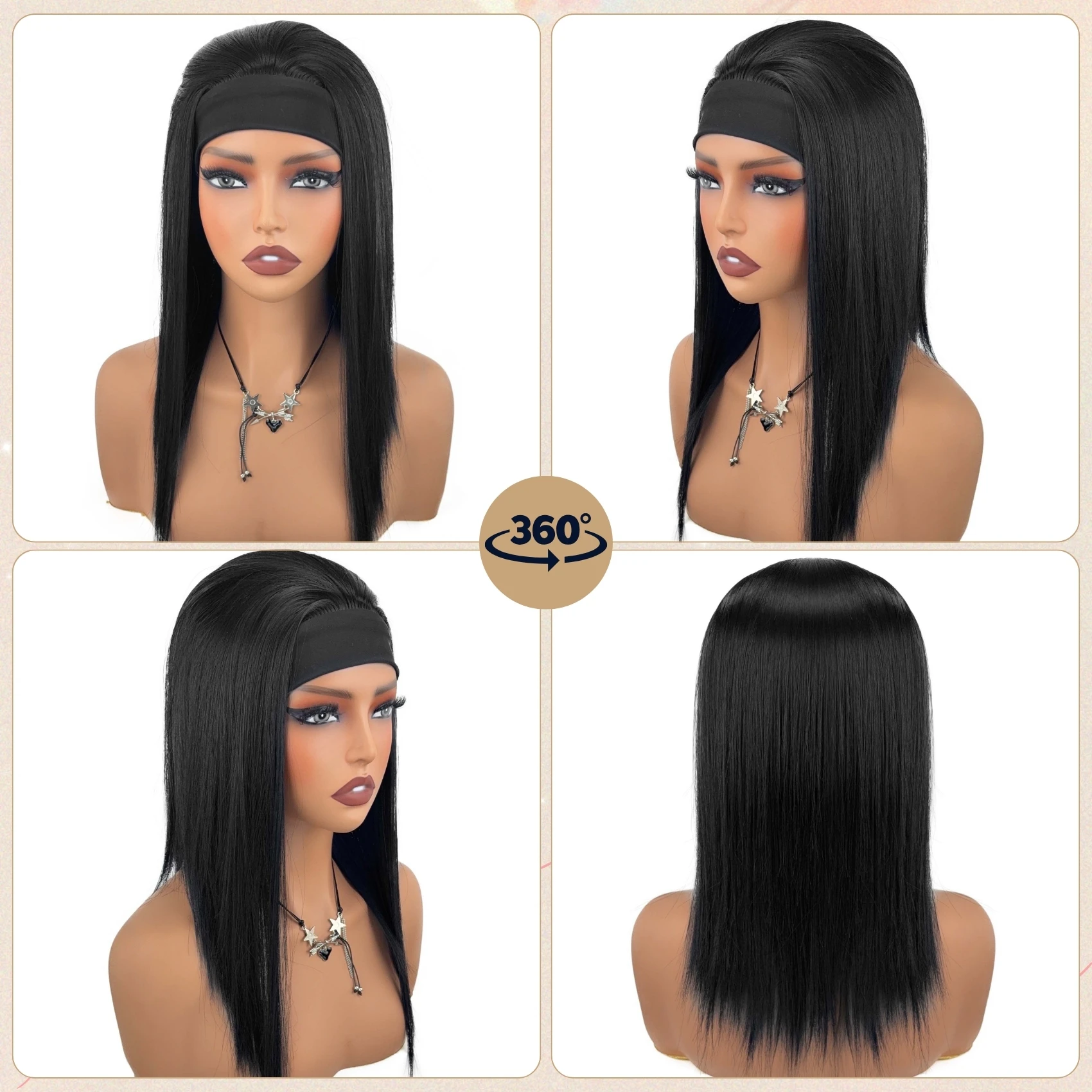 Women's Headband Wig, Black Straight Synthetic Hair, No-Glue Headband Wig, Suitable for Black Women 4
