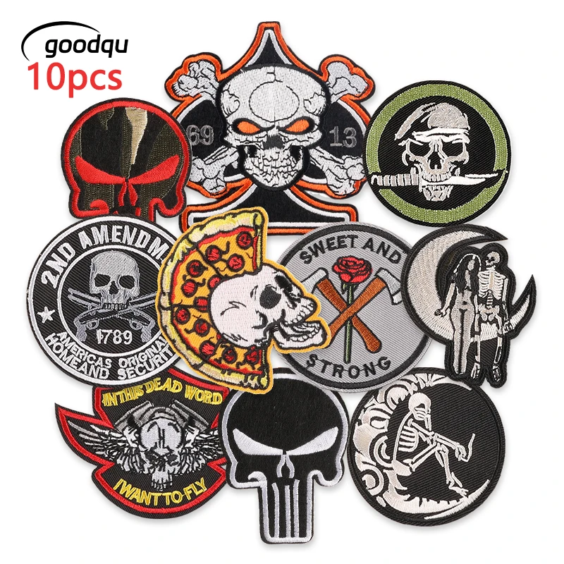 10 stücke Schädel Patches Für Kleidung Eisen Auf Gestickte Jacken Nähen Stoffe Outdoor Lot Pack Diy Thermische Pizza Parches Abzeichen