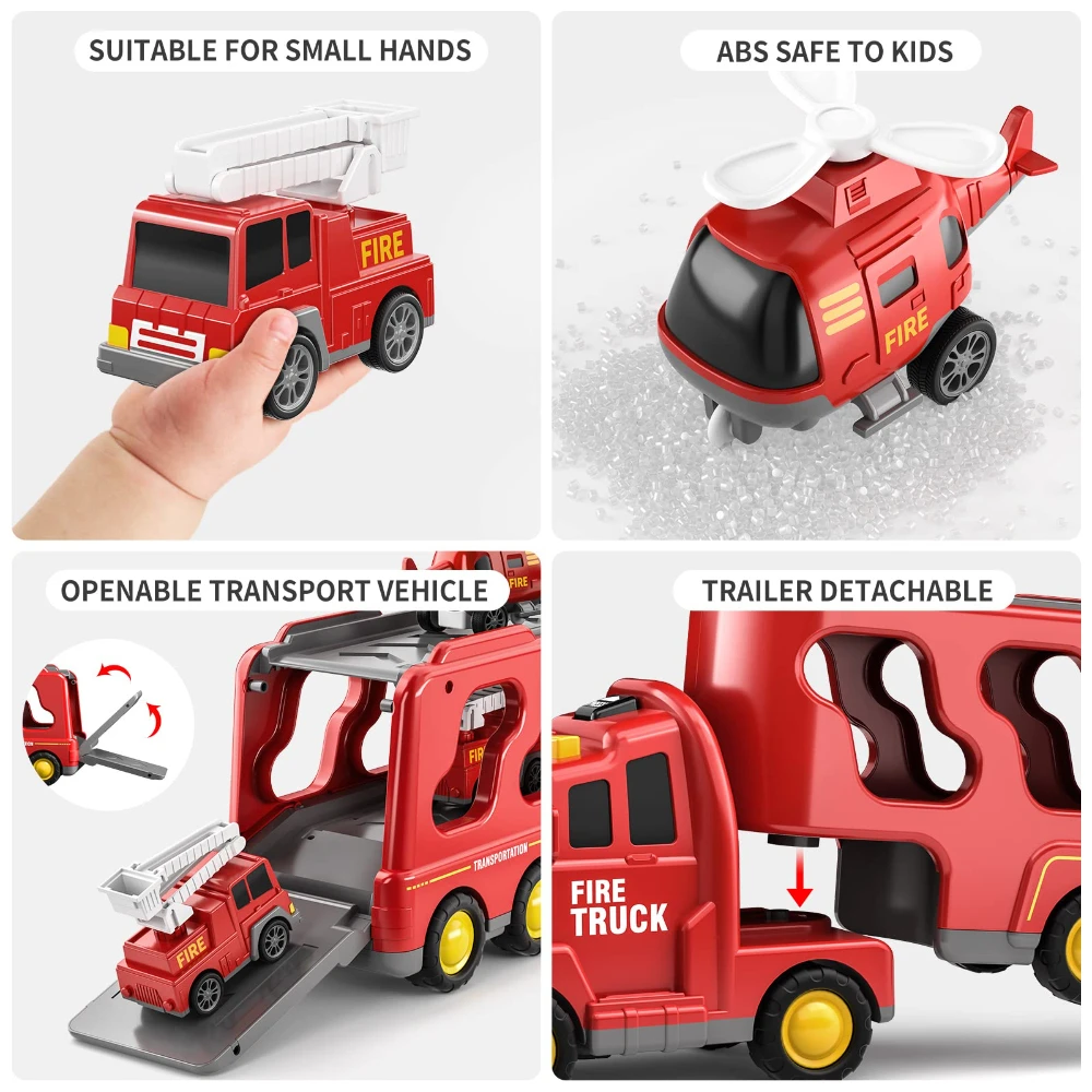 WizKidz Fire Toys for Kids 5 in 1 Carrier Truck Transport Friction Power Vehicles for Boys and Girls Ages 3 to 9 Birthday Gifts 4