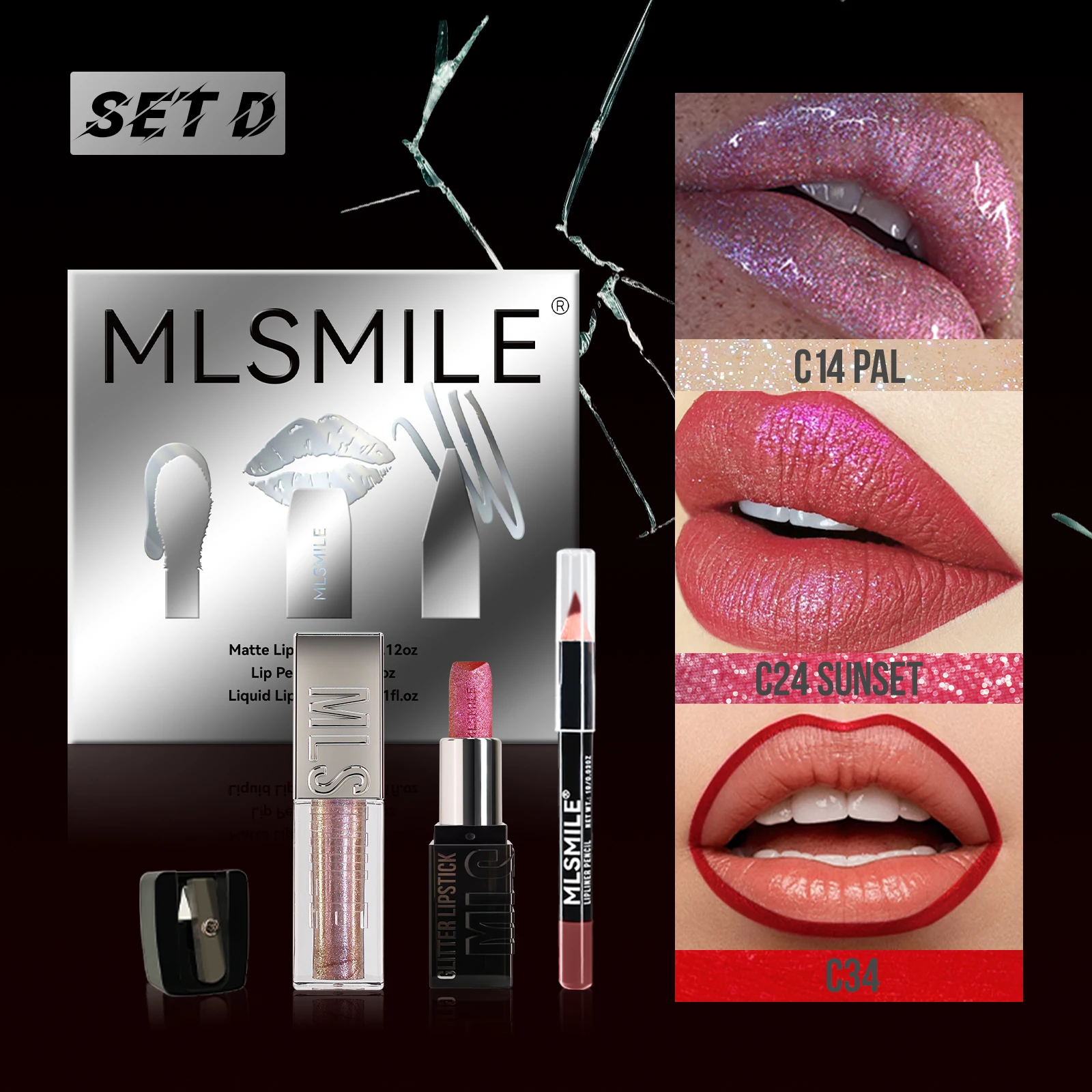 MLSMILE Multi-Combination Burst Lip Kit Fine Glitter Lipstick Lip Glaze + Liner Combo Free Roller Pencil