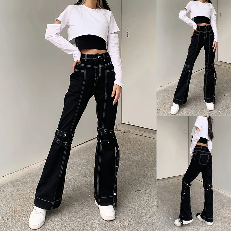 Woman Female High Waist Elastic Pants Girl All-Match Zipper Wash Denim Trousers 2021 Women Sexy Lace-Up Decorated Black Jeans