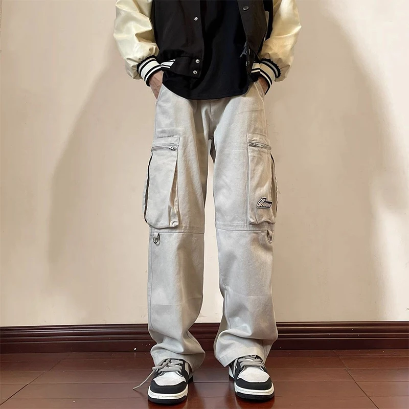 Spring Autumn Male Loose Casual Pockets Straight Cargo Pants Ladies Elastic Waist All-match Trend Fashion Vintage Trousers Men