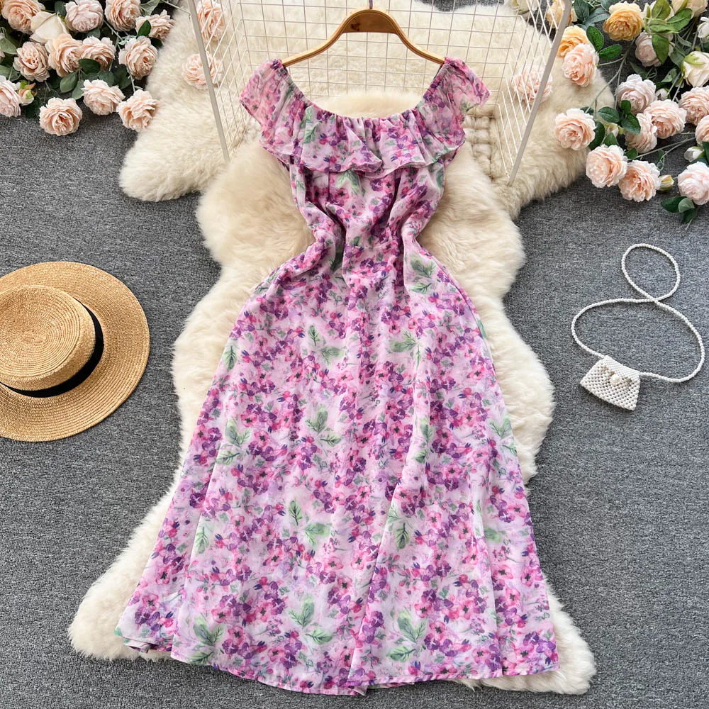 

Summer French Fashion Seaside Chic Floral Print Chiffon Dress Women Sexy Slash Neck Ruffle Vintage Clothes Vestido Feminino J438