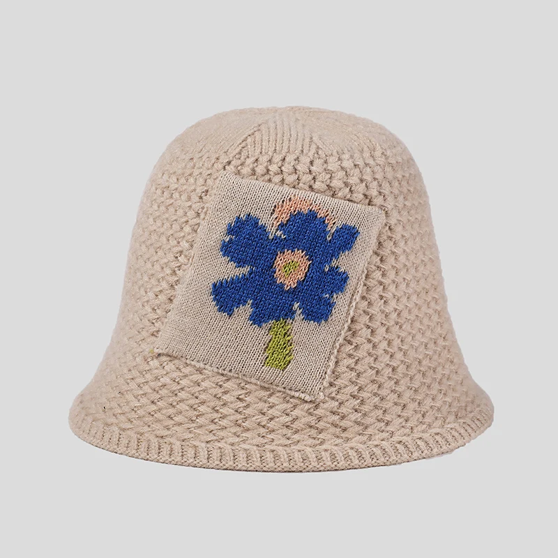 

Fashion Autumn Floral Knitted Hat 6 Colors Elegant Winter Bucket Hat Women Warm Fisherman Hat New Trend Design chapeau femme
