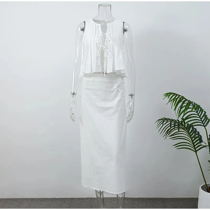 Folded Ruffles Lace Up Top Women Suits Chic Sleeveless Shirt Long Skirt 2 Pieces Set 2024 Summer Lady Office Highstreet Outfit