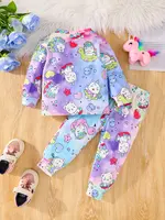 2-Piece Autumn Baby Girl Cartoon Comfortable Simple Cute Long Sleeve Trousers Loose Pajamas Set Unicorn Full Print Pattern 2
