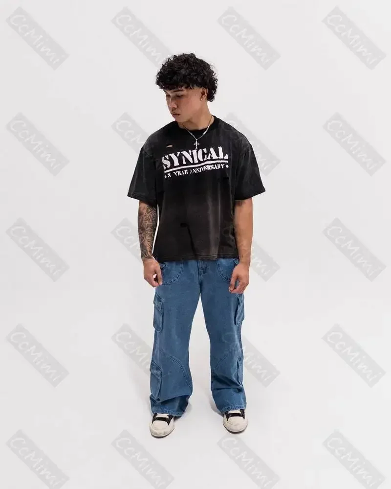 Men Jeans Ripped Jeans Ripped Patchwork Jeans Vintage Y2K Loose Fit Black Cargo Wide Leg