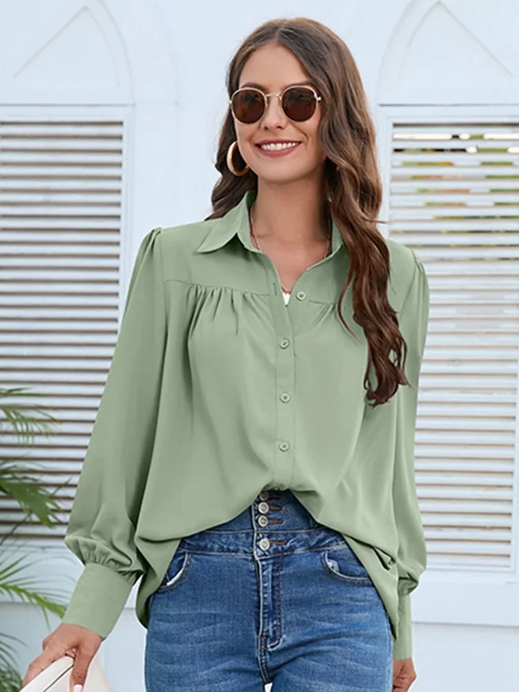 

Chiffon Shirt Women's 2023 Spring and Autumn New European and American Elegant Pleated Shirt Pleated Long Sleeve Top