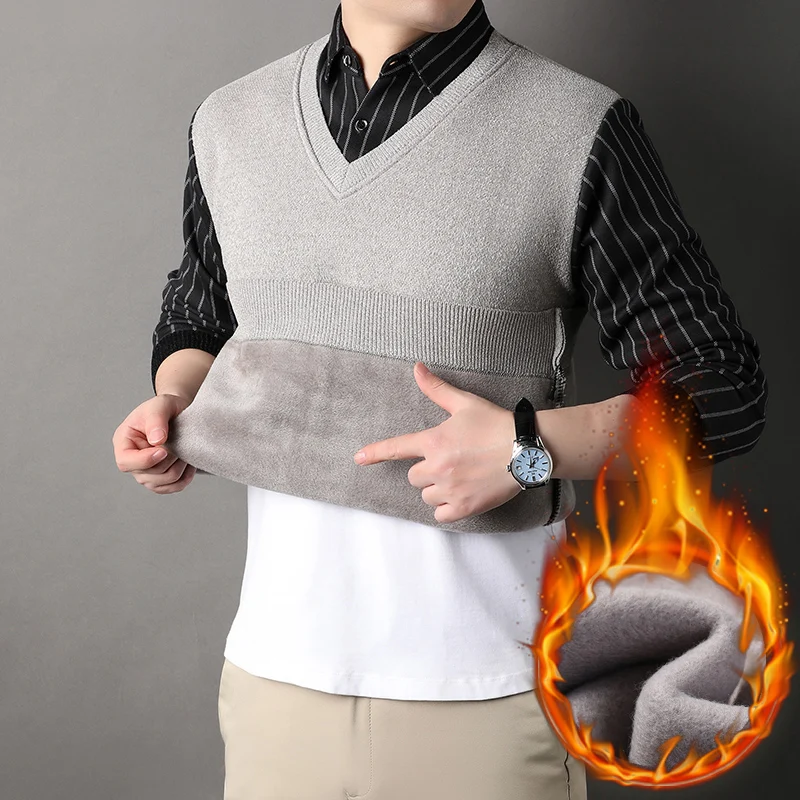 Male Fleece Pullover Polo Collar Sweater Autumn Winter Knitwear Stripe Sweaters