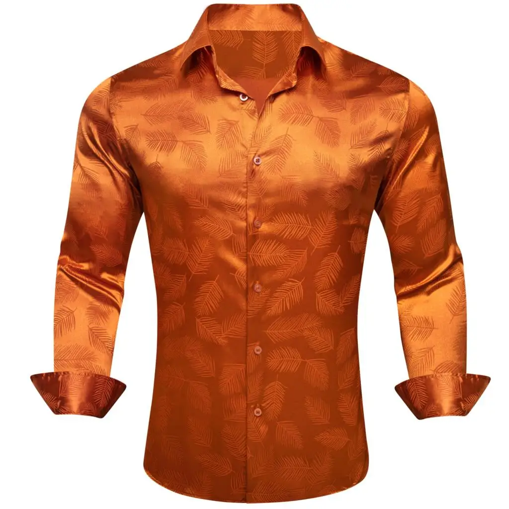 

Luxury Shirts for Men Silk Gold Orange Floral Long Sleeve Slim Fit Male Blouese Casual Tops Formal Breathable Barry Wang