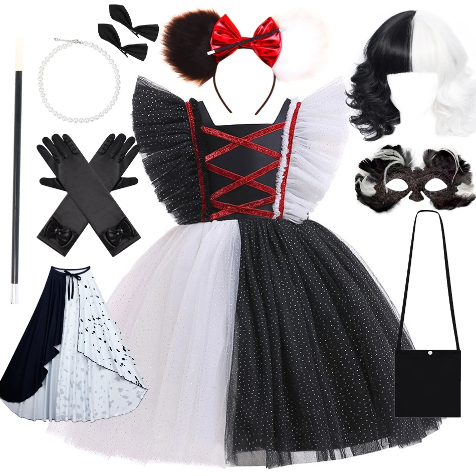 

Halloween Movie Evil Cruella Girls Costume Kids Cosplay Masquerade Black White TuTu Dress Headwear Carnival Party 2-10T