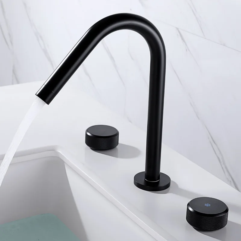 

Basin Faucets Brushed Gold Widespread Bathroom Faucets 3 Hole Black Brass Sink Faucet Hot And Cold Water Taps
