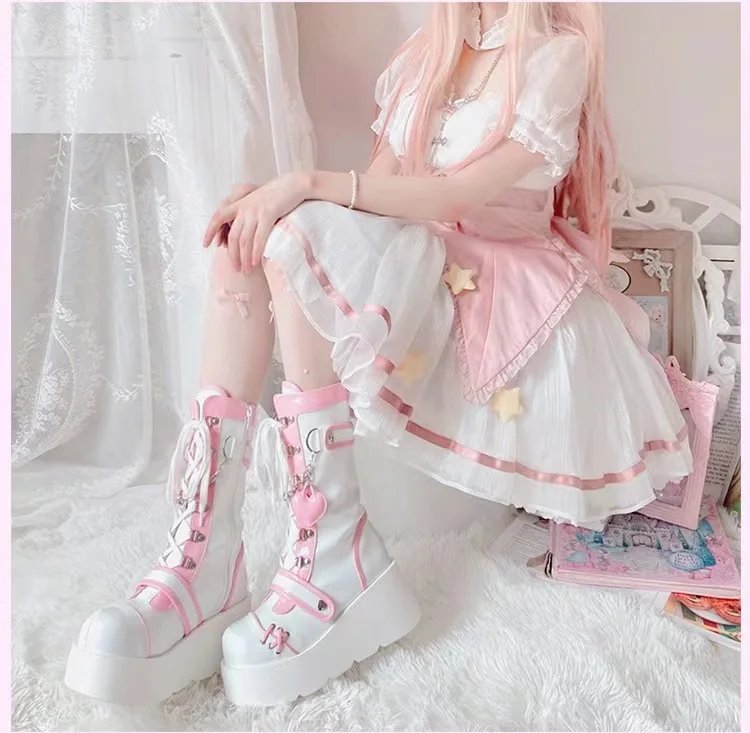 Comemore レースアップかわいいロリータプラットフォームパンク