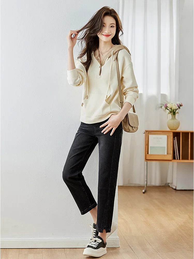 Vimly Pullover Women Hoodies Autumn 2023 Fashion Contrast Hooded Sweatshirts Female Loose Long Sleeve Top Women's Clothing M2693