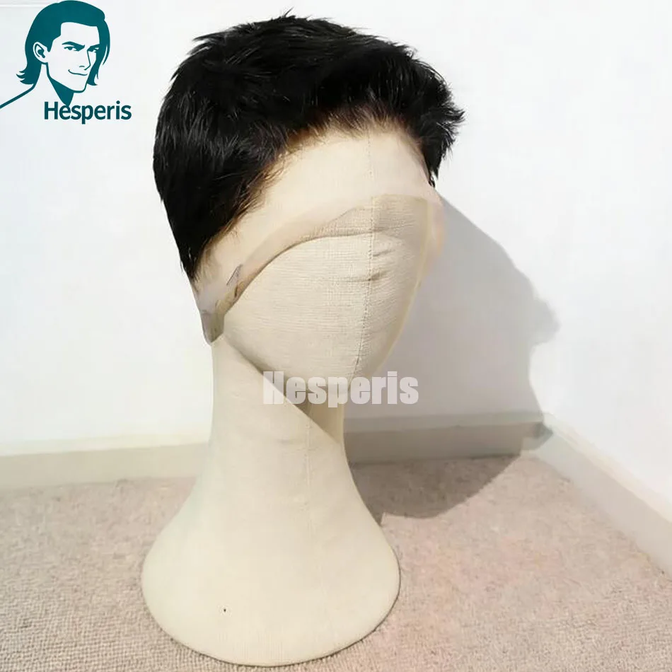 헤스페리스 블랙 풀 레이스 숏컷 가발 브라질 레미 프리 플러킹 인모 가발 남성용 풀 레이스 픽시컷 가발