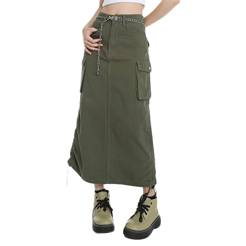 

Musuos Female Straight Drawstring Hem Ruched Skirts with Side Pockets Solid Color Women Zipper High Waist Streetwear Cargo Skirt