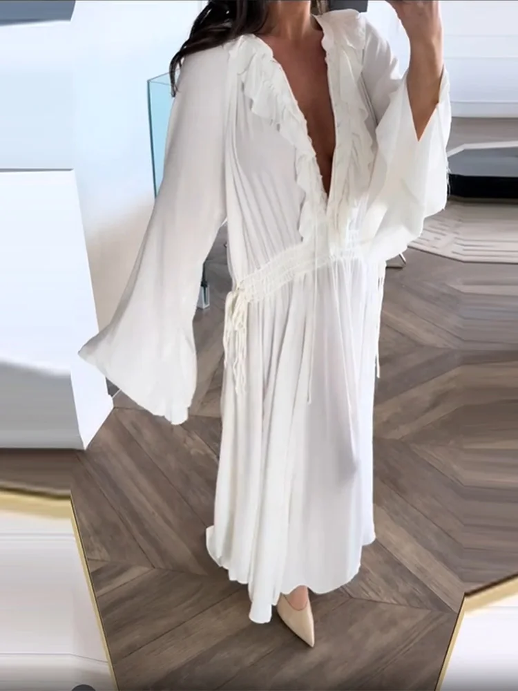 Sexy See-Through Ruffle V Neck A Line Dresses