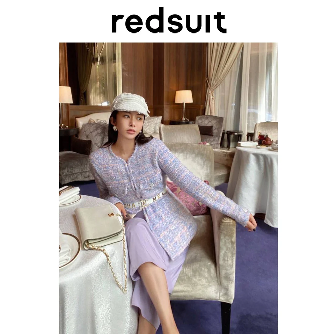 

Star Same Purple Temperament Silhouette Small Fragrance Coat Thick Tweed Woven Mid Length Top