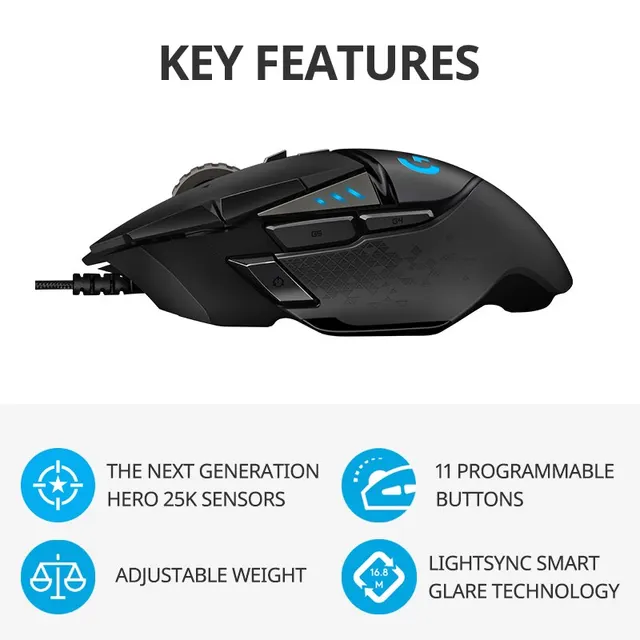 로지텍 G502hero 유선 마우스, 할인가격 30,042원, 정상가격 105,115원, 71% 할인율, 400 IPS 속도, 250g 총중량, 11개의 버튼, 무료 배송, 4.8/5 평점, 마스터 e 스포츠 게임 기계