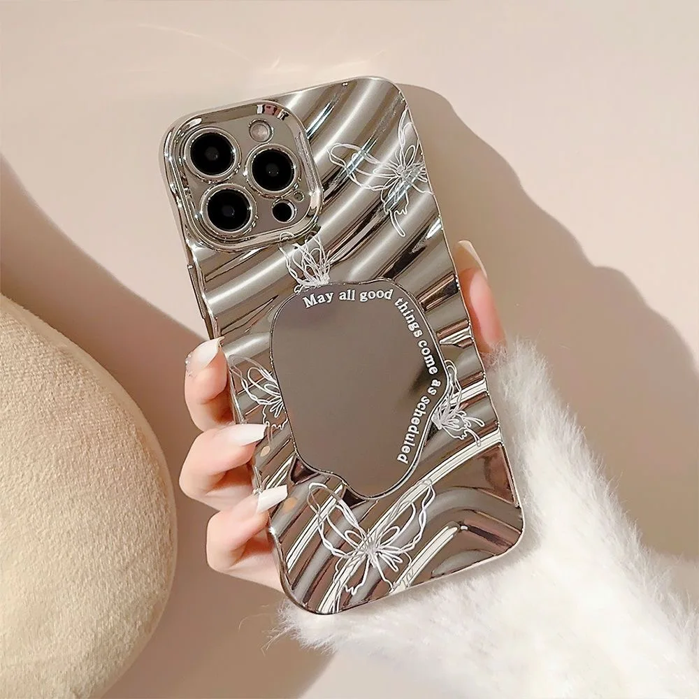 Electroplated Mirror Pink Butterfly Phone Case For iPhone 16 13 11 12 14 15 Pro Max Luxury Plating Wavy Shockproof Makeup Cover