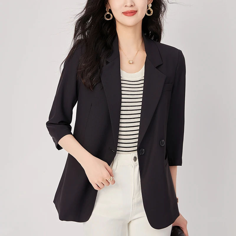 

Elegant Women's Blazers Coats Autumn Notched Collar Three Quarter Sleeve Black Blazer Coat Slim Office Lady Work Suit Jacket