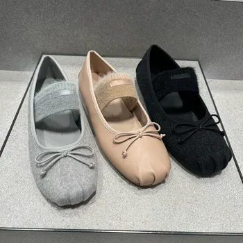 Elastic Fur Band Ballets Shoes Woman 2026 Bowtie Furry Flats Shoes Ladies Mary Janes Square Pig Toe Loafers Female Ballerinas 1