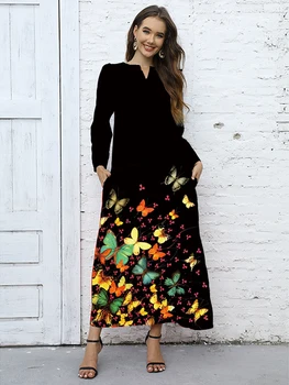 Plus Size Autumn Winter Long Dress Women Black Long Sleeve V-neck Elegant Dresses Party Casual Butterfly Print Vintage Dress2023 1