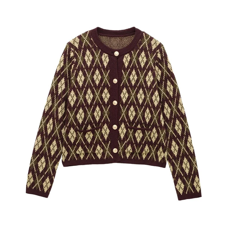 Plaid Knitted Slim Cardigan Women Autumn O-neck Long Sleeve Metal Button Short Sweater Coat Lady All-matching Knitwear New