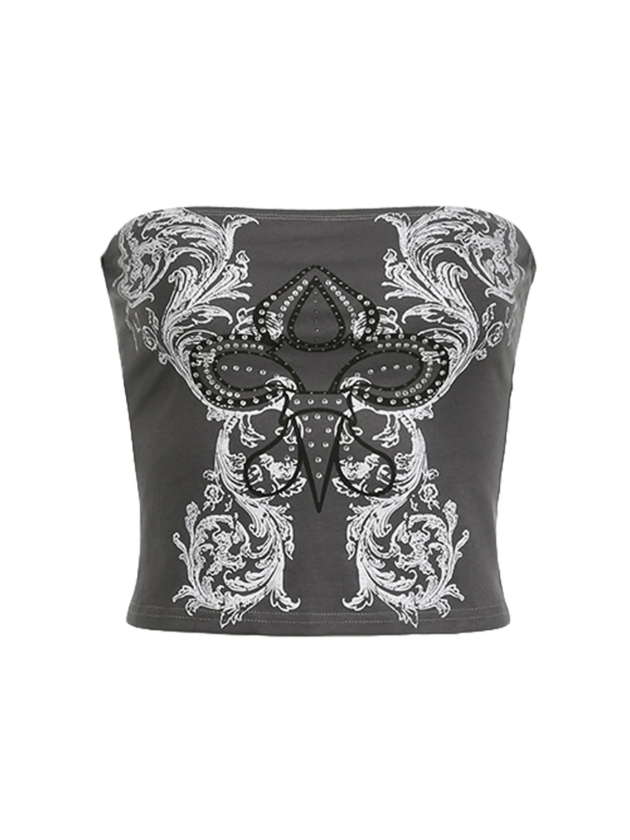 

Vintage Rhinestone Embellished Sleeveless Crop Top Stylish Y2K Tube Top with Retro Print Strapless Design and Backless