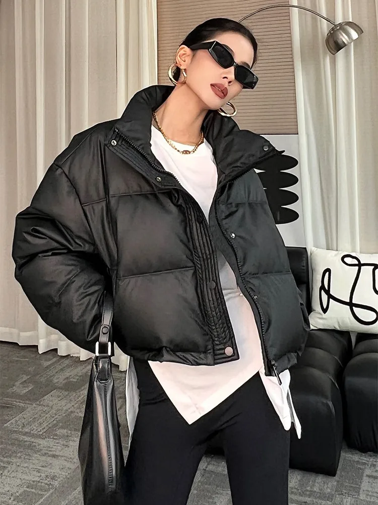 

PU Parkas Women Short 90% White Duck Down Jacket Female Winter 2023 Thickening Zipper Loose Waterproof Puffer Coat Outwear