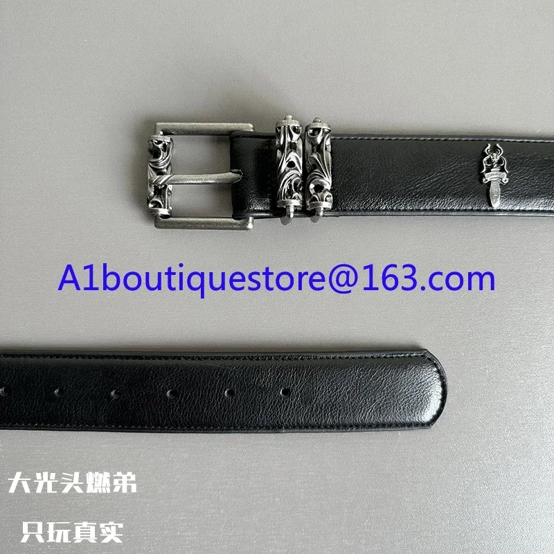 Engraved Roller Hollow Light Luxury Belt 925 Silver Classic Leather Totem Belt Pin Buckle