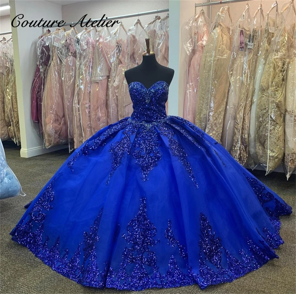 

Sliver Beaded Off The Shoulder Royal Blue Quinceanera Dresses Sparkly Ball Gown Sweet Sixteen Dress Wedding Gowns Tulle vestidos