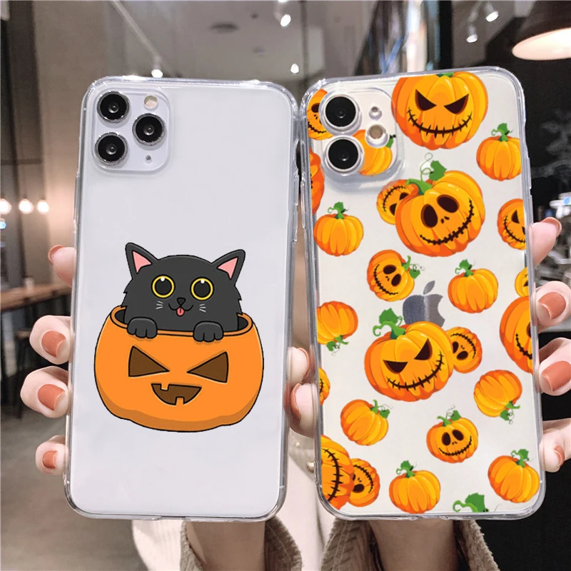 Funda de TPU suave transparente para iPhone, carcasa de dibujos animados de Halloween, calabaza, Gato Negro, maíz, 13, 12, 11 MAX, X, XS, XR, SE2, 7, 8 Plus - AliExpress