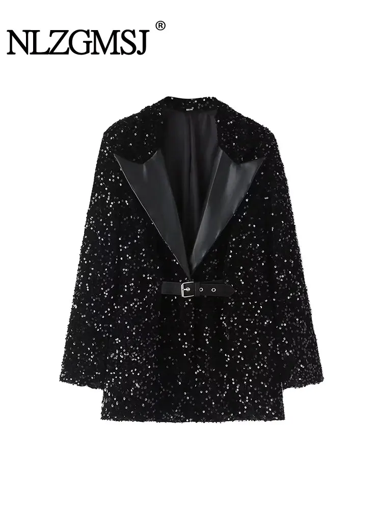 

Nlzgmsj TRAF 2023 Autumn New Fashion Women Shiny Sequins Suit Jacket Female Cotton Streets Coat Slim Jacket