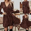 Women's Leopard Printed Dresses V-Neck Lace Up Bubble Long Sleeved Sexy Dress Elegant Dating Autumn Mini Dress