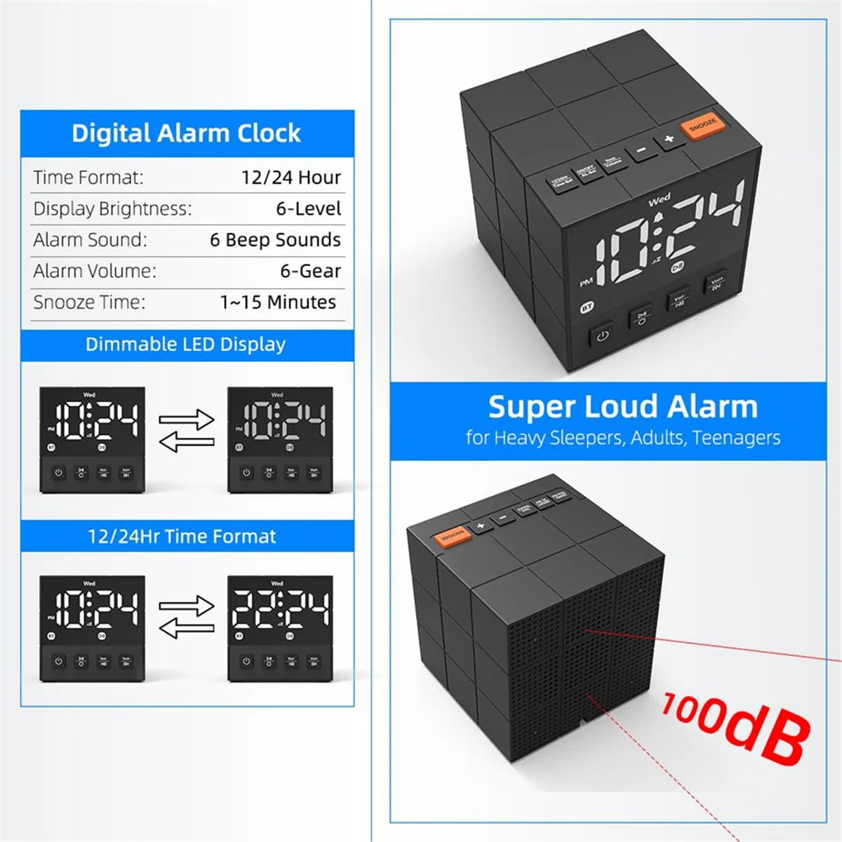 JAS-Loud Alarm Clock Bluetooth Speaker, Dimmable LED Display, Small Bedside Digital Clock for Bedroom Super Loud Alarm